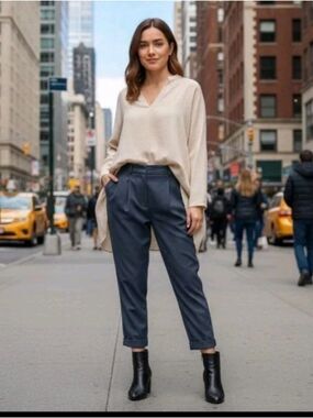 COS Vegan Cuffed Navy Relaxed Fit Pants In Cupro & Cotton Size 8 Lagenlook
